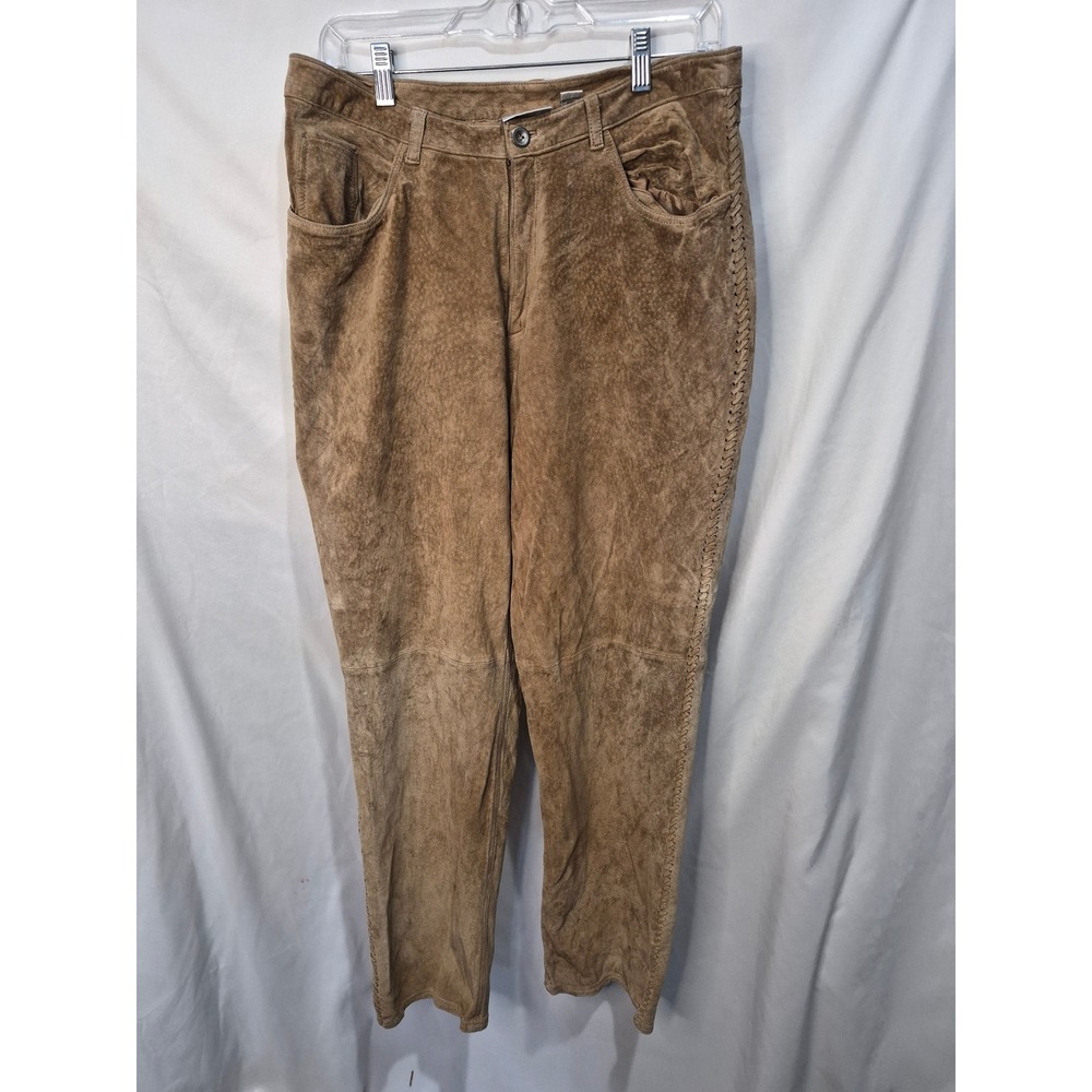 Chicos Design Tan Suede Leather Whipstitch Side Seam Pants Women Size 2.5